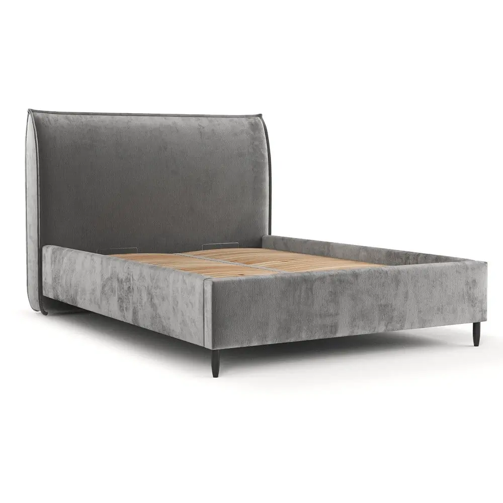 Pat matrimonial gri tapițat cu spațiu de depozitare cu somieră 160x200 cm Shell – Maison de Rêve
