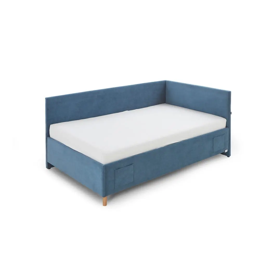 Pat pentru copii albastru pe colț tapițat cu spațiu de depozitare cu somieră 120x200 cm Cool – Meise Möbel