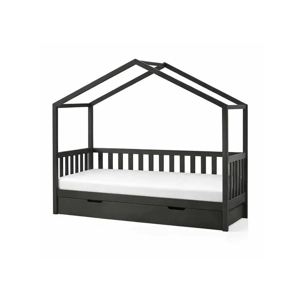 Pat pentru copii gri antracit de tip casă/cu extensie suplimentară din lemn masiv de pin cu spațiu de depozitare 90x200 cm DALLAS – Vipack