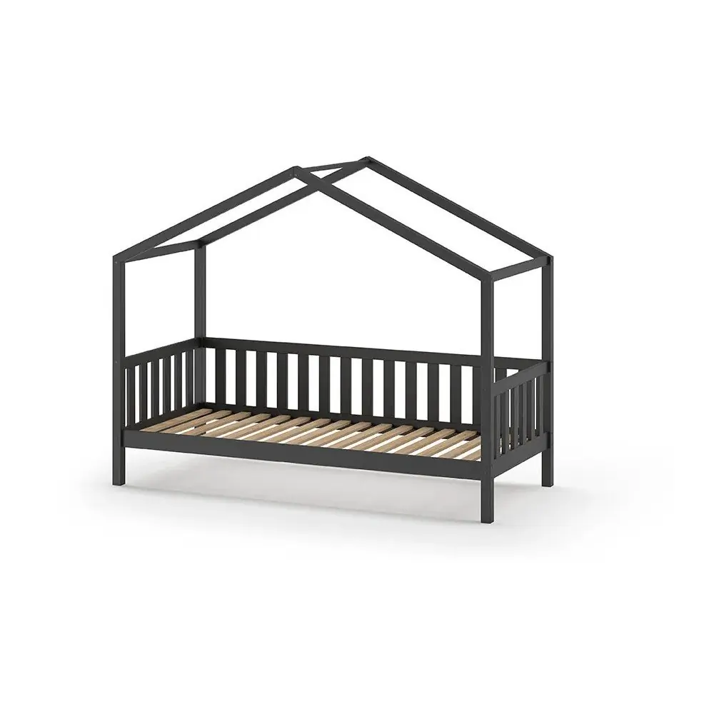 Pat pentru copii gri antracit de tip casă din lemn masiv de pin 90x200 cm DALLAS – Vipack