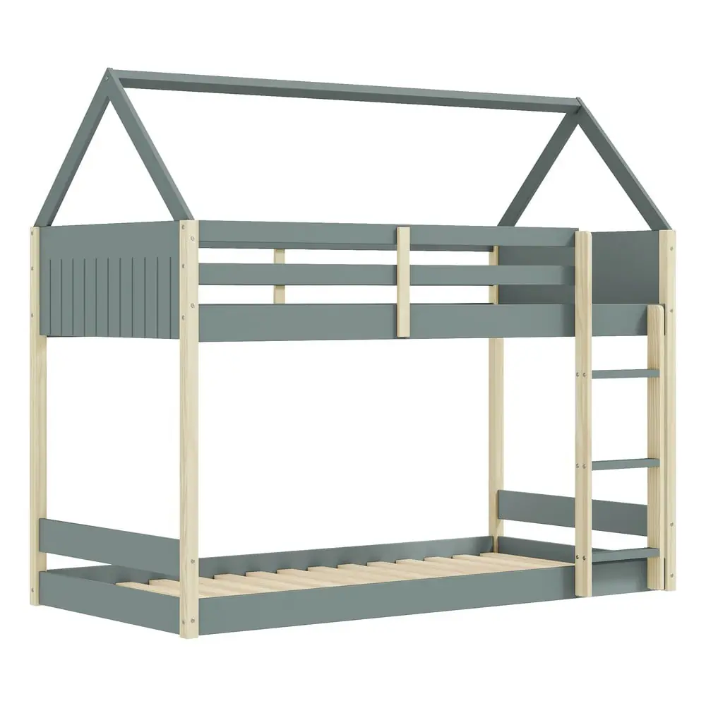Pat pentru copii în culoare naturală/verde prăfuit de tip casă/supraetajat cu somieră 90x190 cm Valka – Marckeric