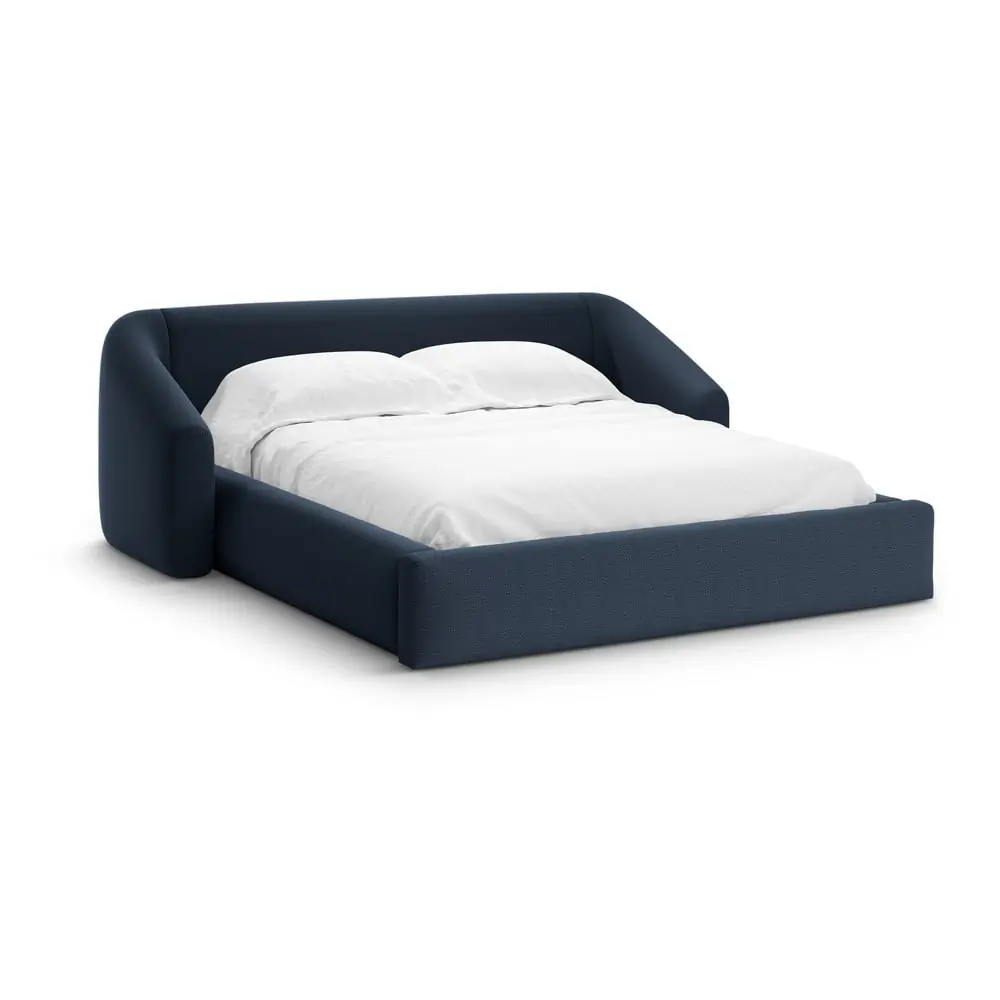 Pat matrimonial albastru închis tapițat cu spațiu de depozitare cu somieră 160x200 cm Campi – Cosmopolitan Design