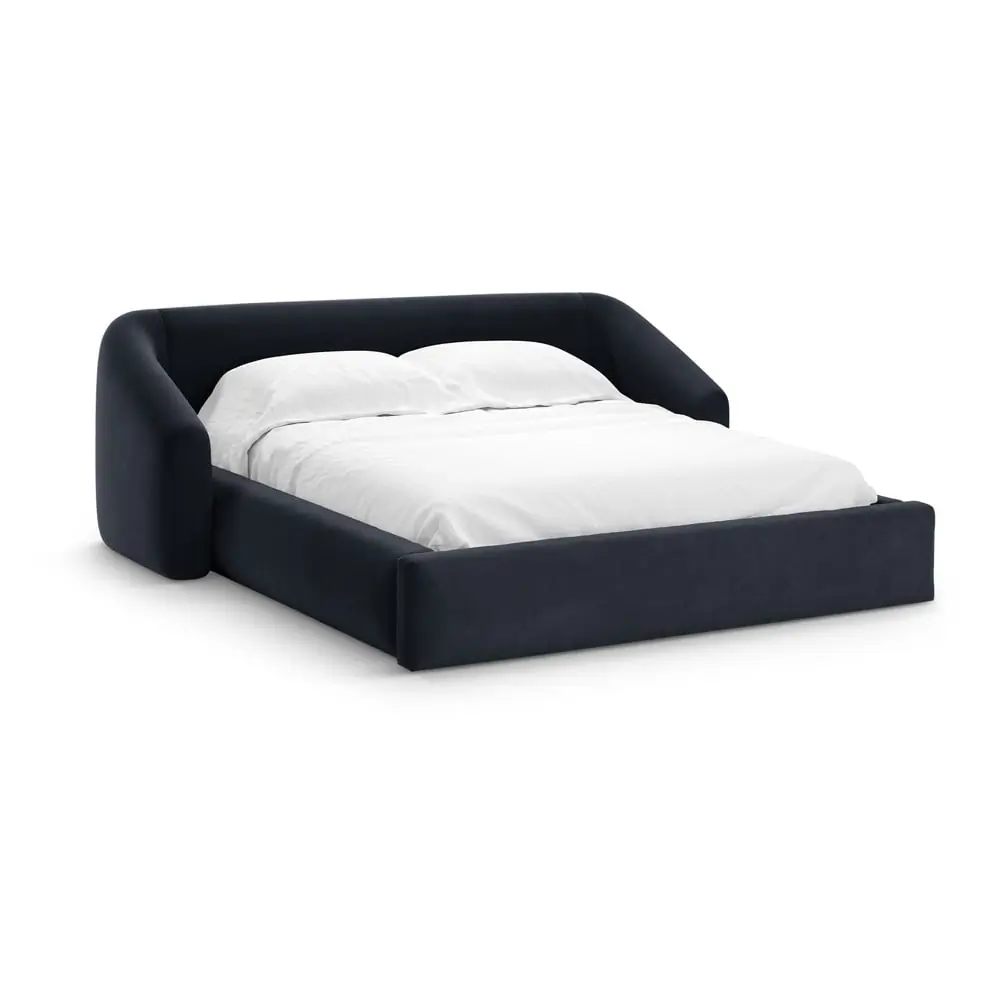 Pat matrimonial albastru închis tapițat cu spațiu de depozitare cu somieră 180x200 cm Campi – Cosmopolitan Design