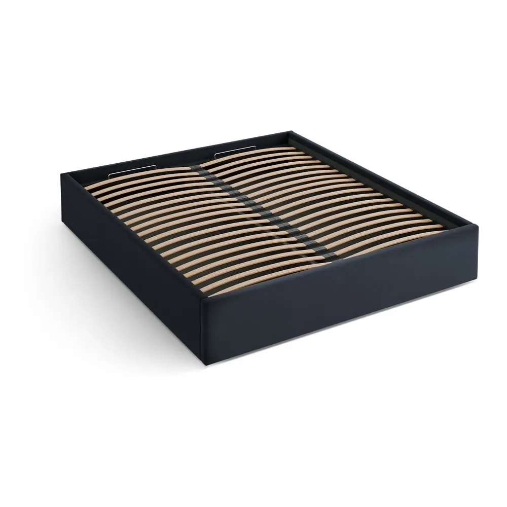 Pat matrimonial albastru închis tapițat cu spațiu de depozitare/fără tăblie cu somieră 160x200 cm Susan – Micadoni