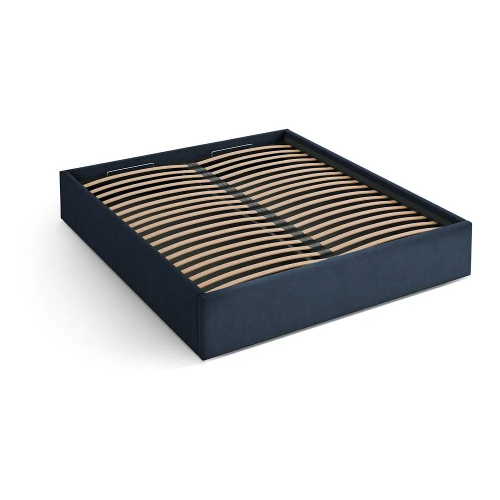 Pat matrimonial albastru închis tapițat cu spațiu de depozitare/fără tăblie cu somieră 180x200 cm Susan – Micadoni