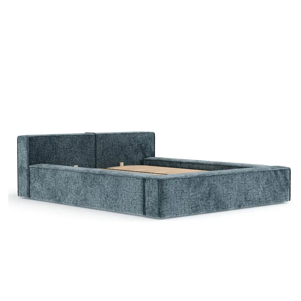 Pat matrimonial albastru prăfuit tapițat cu spațiu de depozitare cu somieră 180x200 cm Voliera – Maison de Rêve