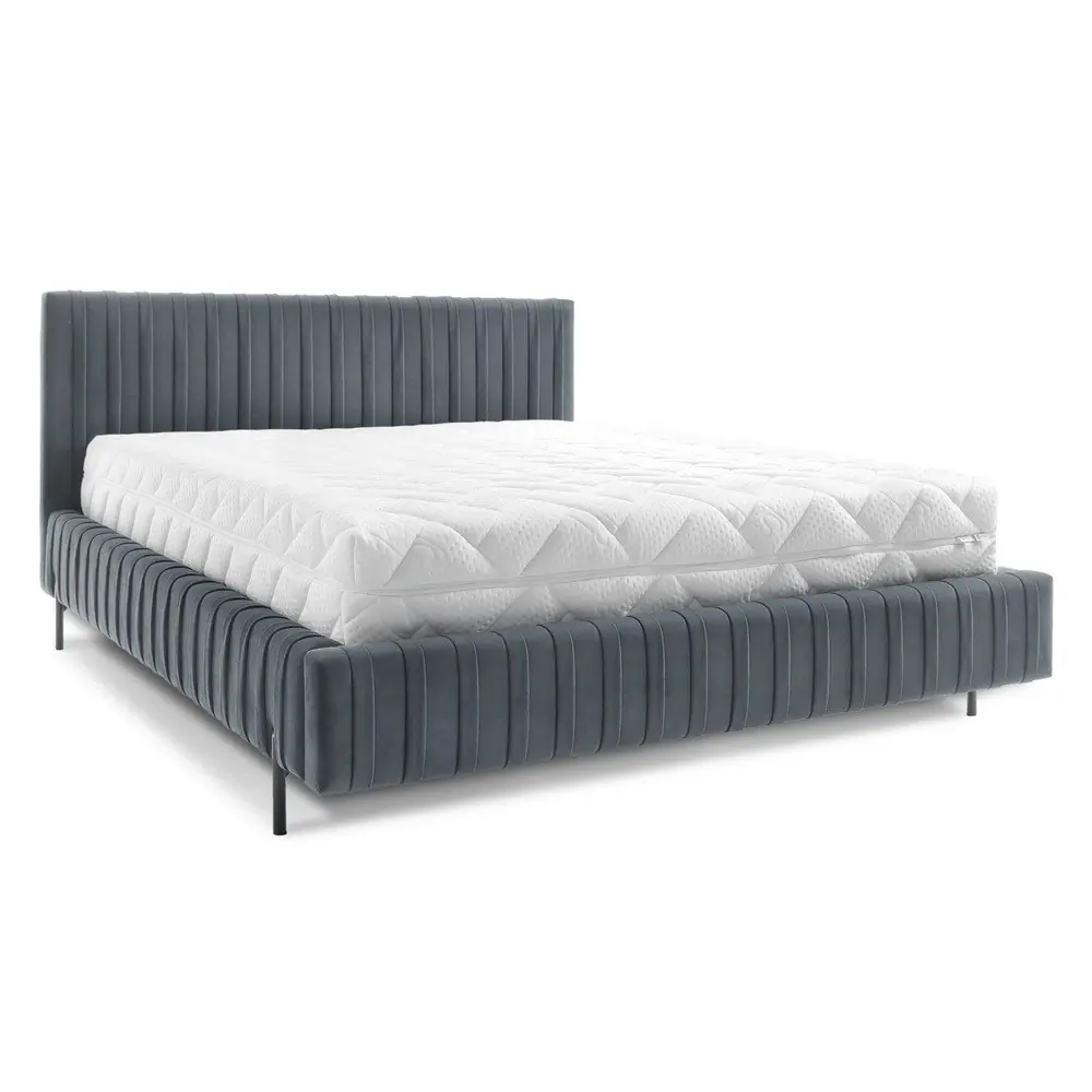 Pat matrimonial albastru tapițat cu spațiu de depozitare cu somieră 160x200 cm Plissa – ELTAP