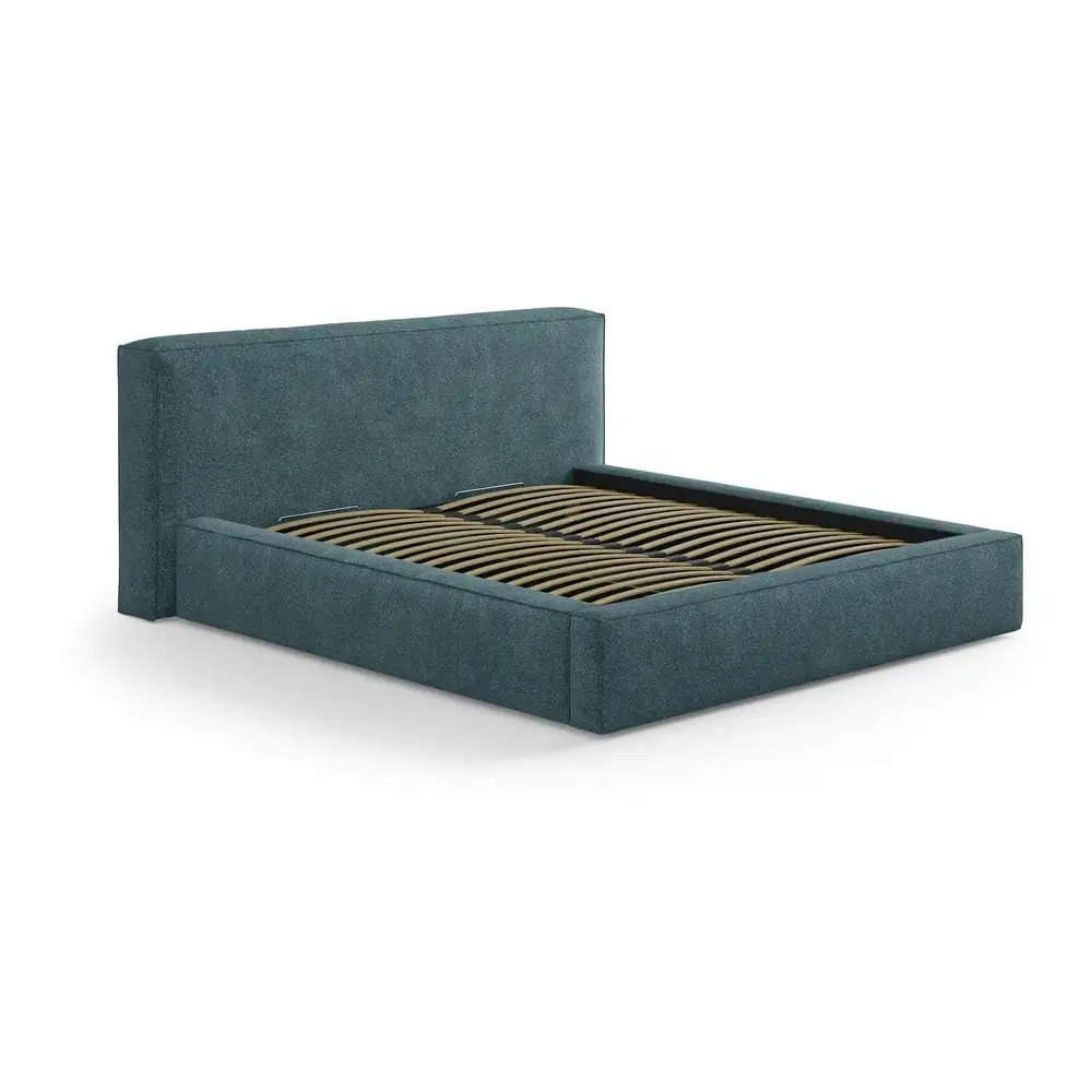 Pat matrimonial albastru tapițat cu spațiu de depozitare cu somieră 200x200 cm Simon Olivia – Micadoni