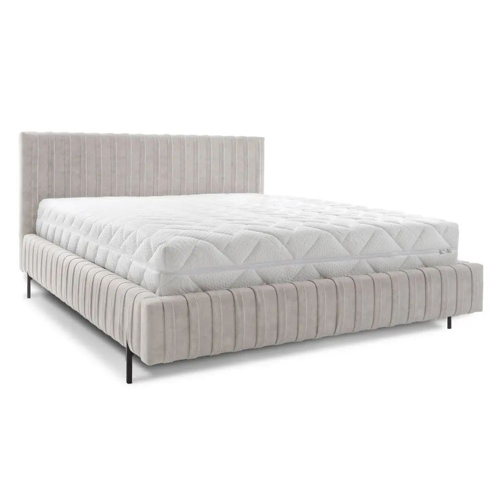 Pat matrimonial bej tapițat cu spațiu de depozitare cu somieră 160x200 cm Plissa – ELTAP