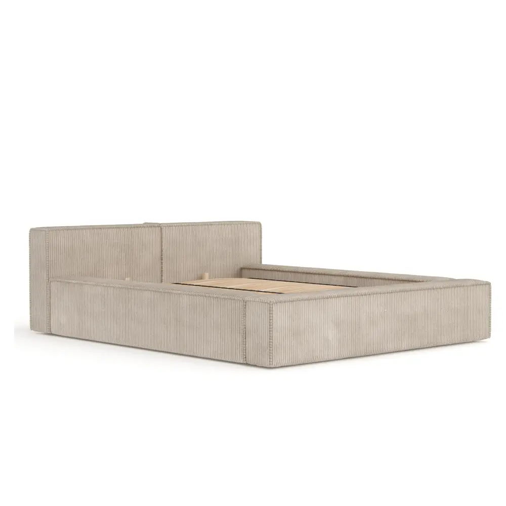 Pat matrimonial bej tapițat cu spațiu de depozitare cu somieră 180x200 cm Voliera – Maison de Rêve