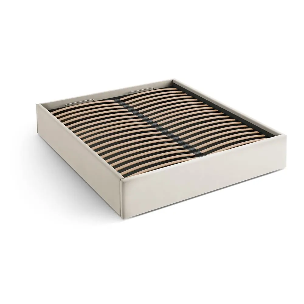 Pat matrimonial bej tapițat cu spațiu de depozitare/fără tăblie cu somieră 140x200 cm Susan – Micadoni