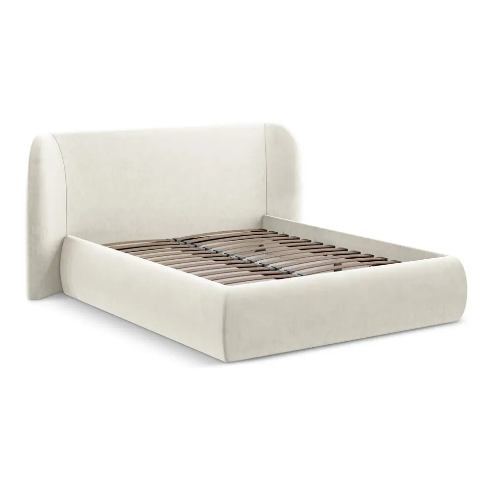 Pat matrimonial crem tapițat cu spațiu de depozitare cu somieră 160x200 cm Hauke – Makamii