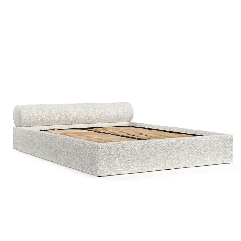 Pat matrimonial crem tapițat cu spațiu de depozitare cu somieră 160x200 cm Solvo – Maison de Rêve