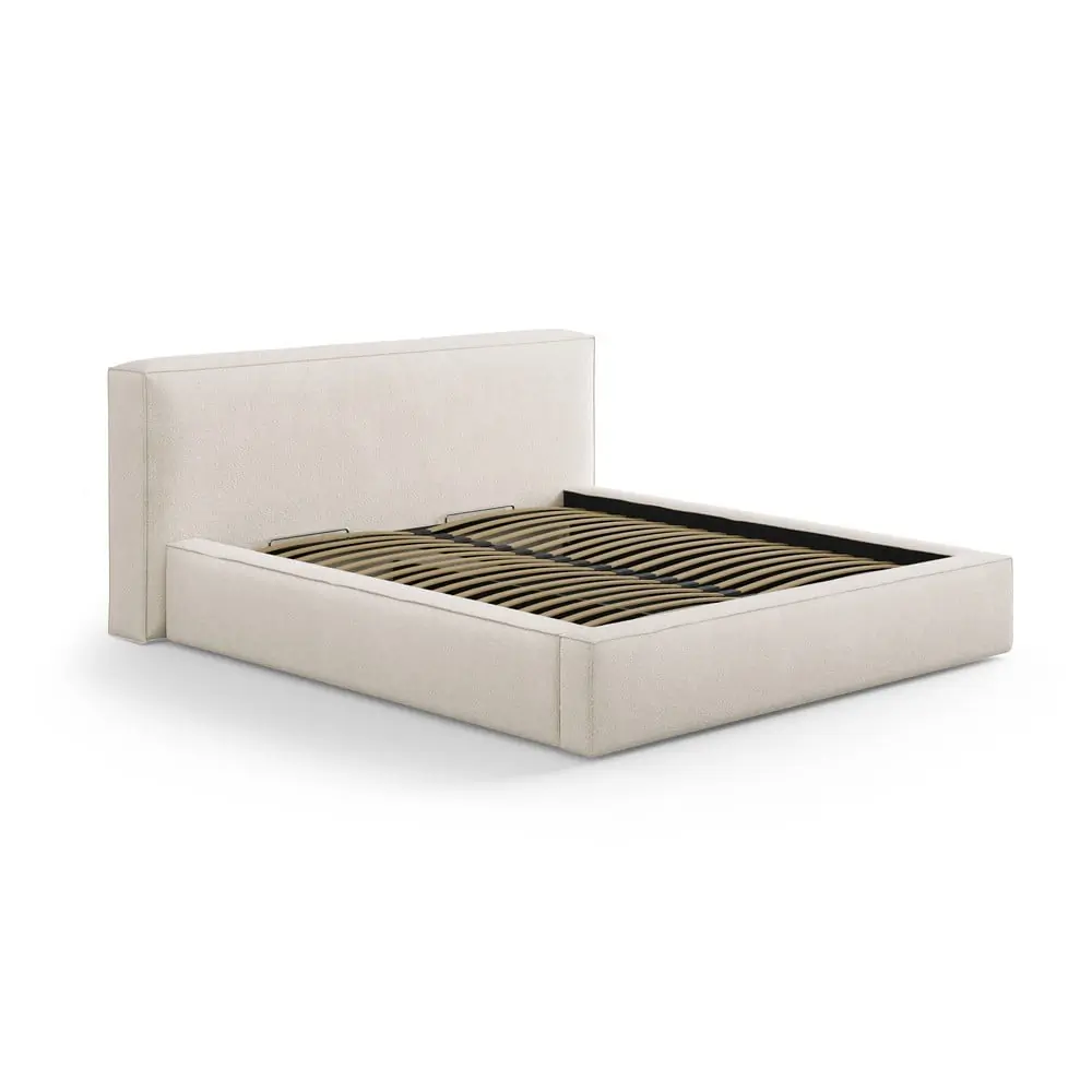 Pat matrimonial crem tapițat cu spațiu de depozitare cu somieră 180x200 cm Simon Olivia – Micadoni