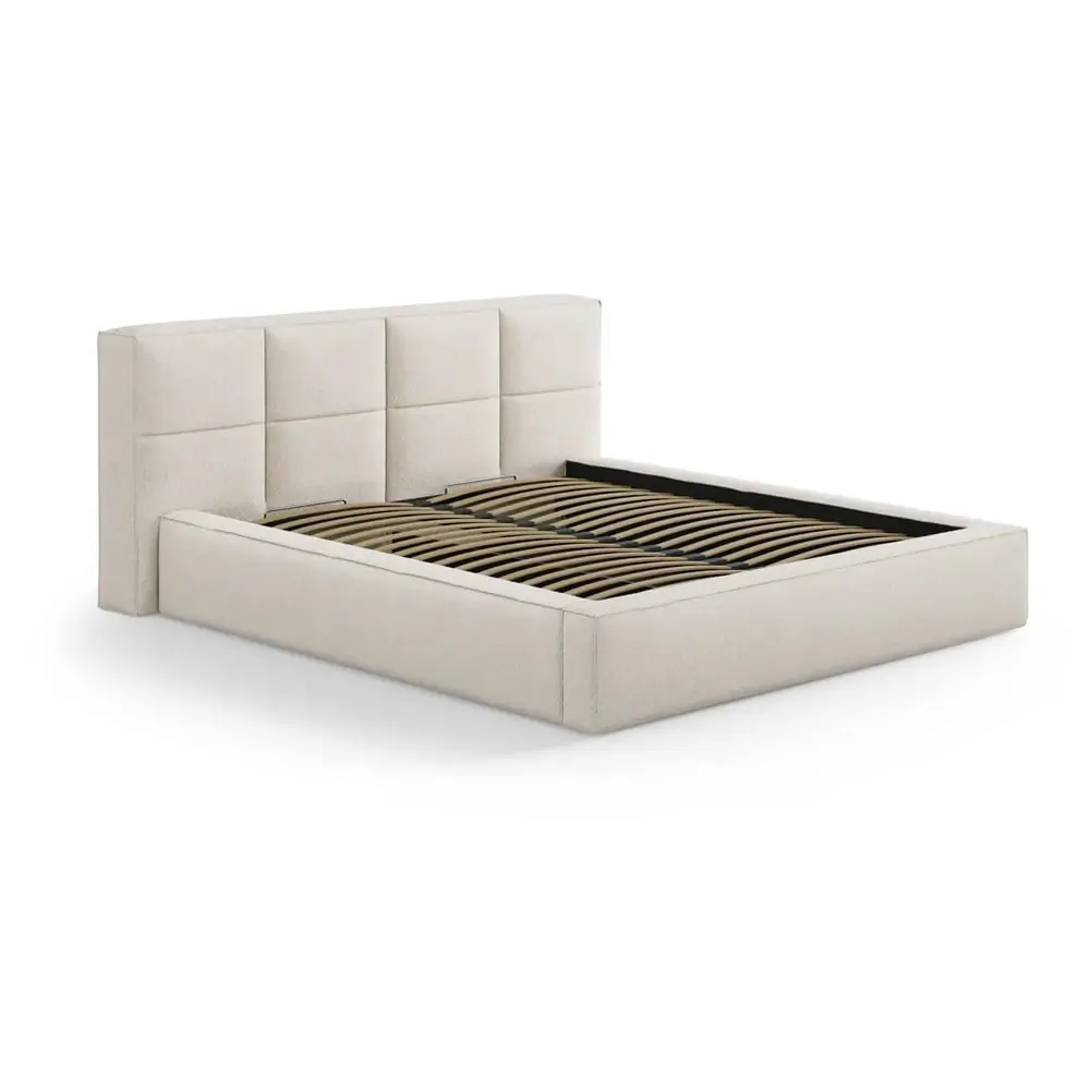 Pat matrimonial crem tapițat cu spațiu de depozitare cu somieră 200x200 cm Simon Darren – Micadoni