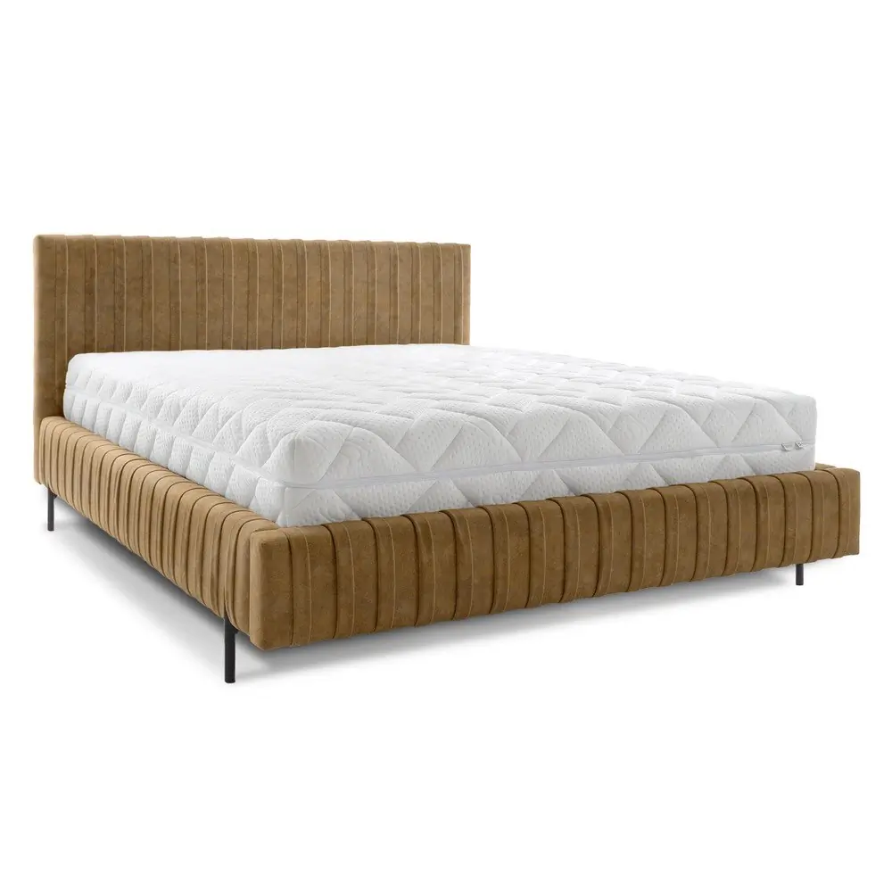 Pat matrimonial galben ocru tapițat cu spațiu de depozitare cu somieră 140x200 cm Plissa – ELTAP
