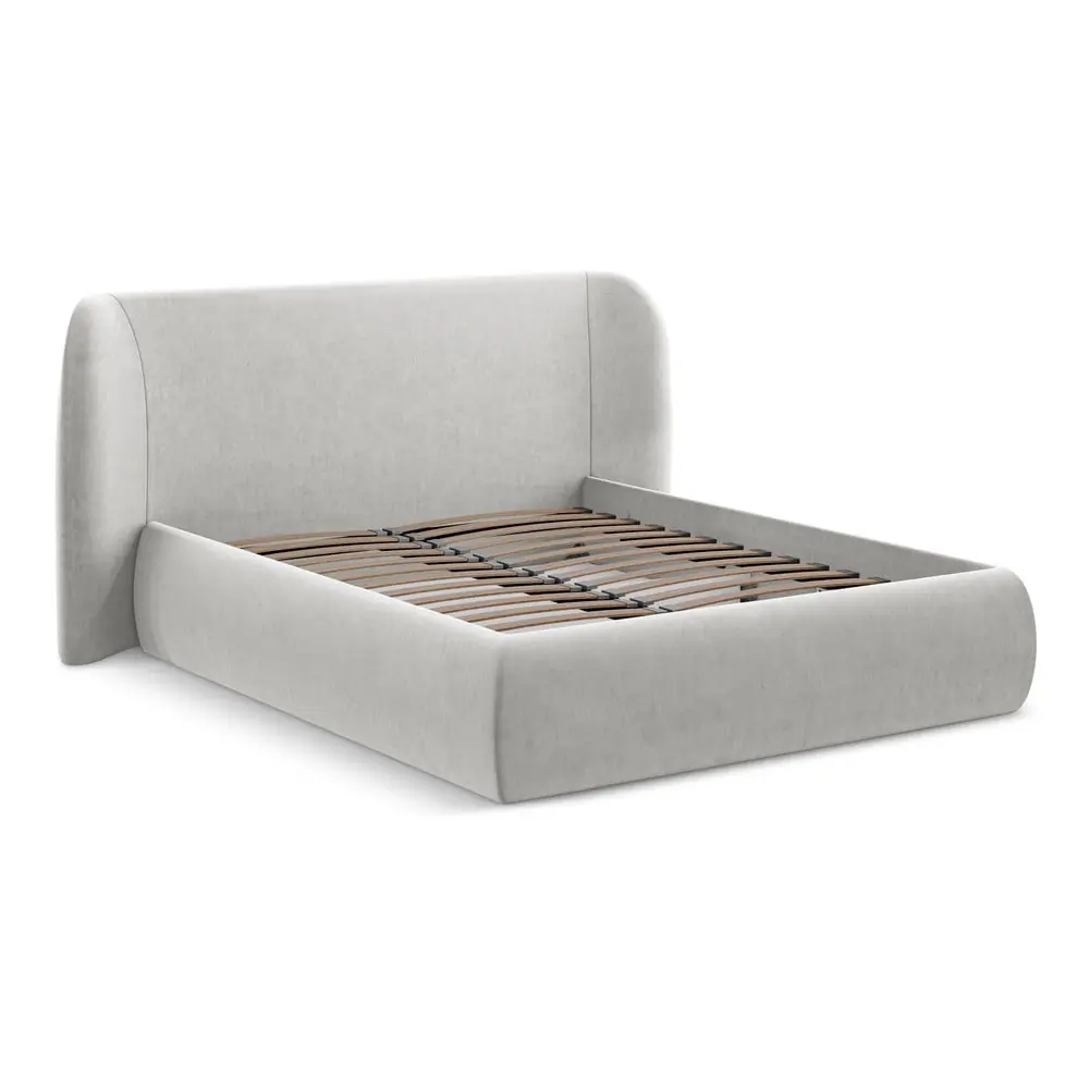 Pat matrimonial gri deschis tapițat cu spațiu de depozitare cu somieră 140x200 cm Hauke – Makamii