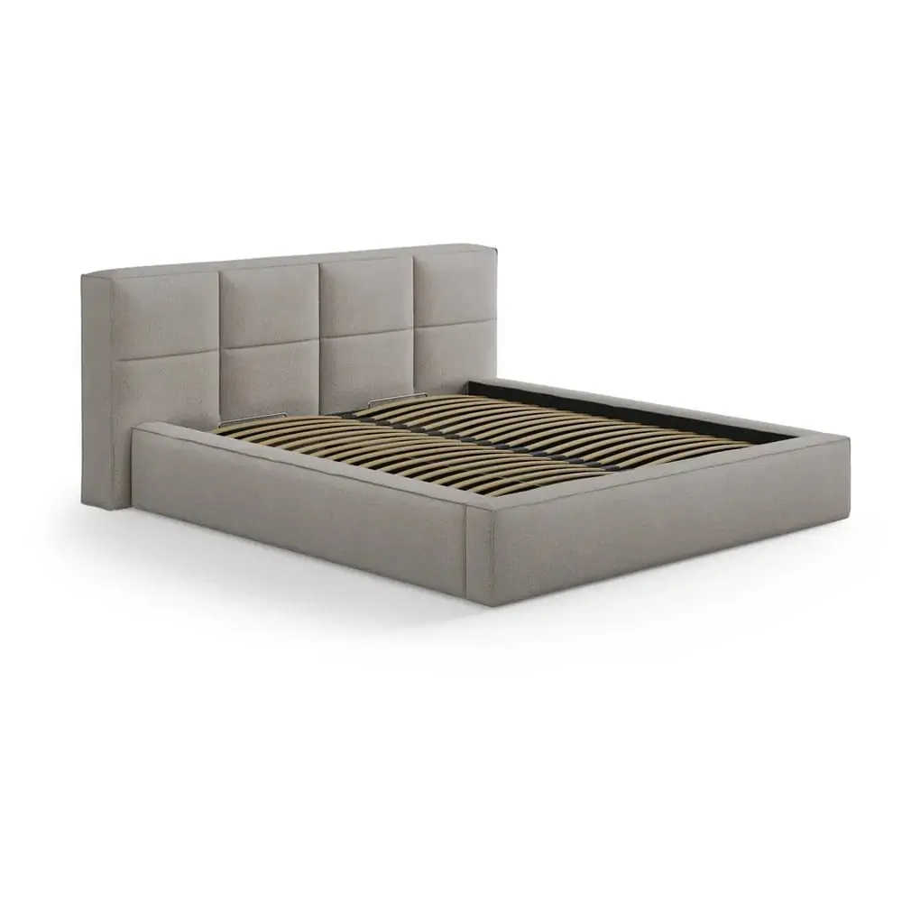 Pat matrimonial gri deschis tapițat cu spațiu de depozitare cu somieră 140x200 cm Simon Darren – Micadoni