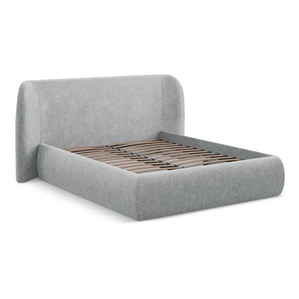 Pat matrimonial gri deschis tapițat cu spațiu de depozitare cu somieră 160x200 cm Hauke – Makamii