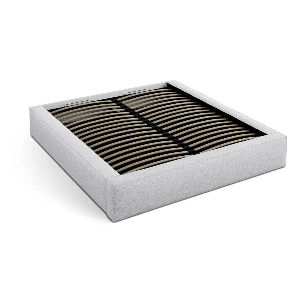 Pat matrimonial gri deschis tapițat cu spațiu de depozitare cu somieră 160x200 cm Simon – Micadoni