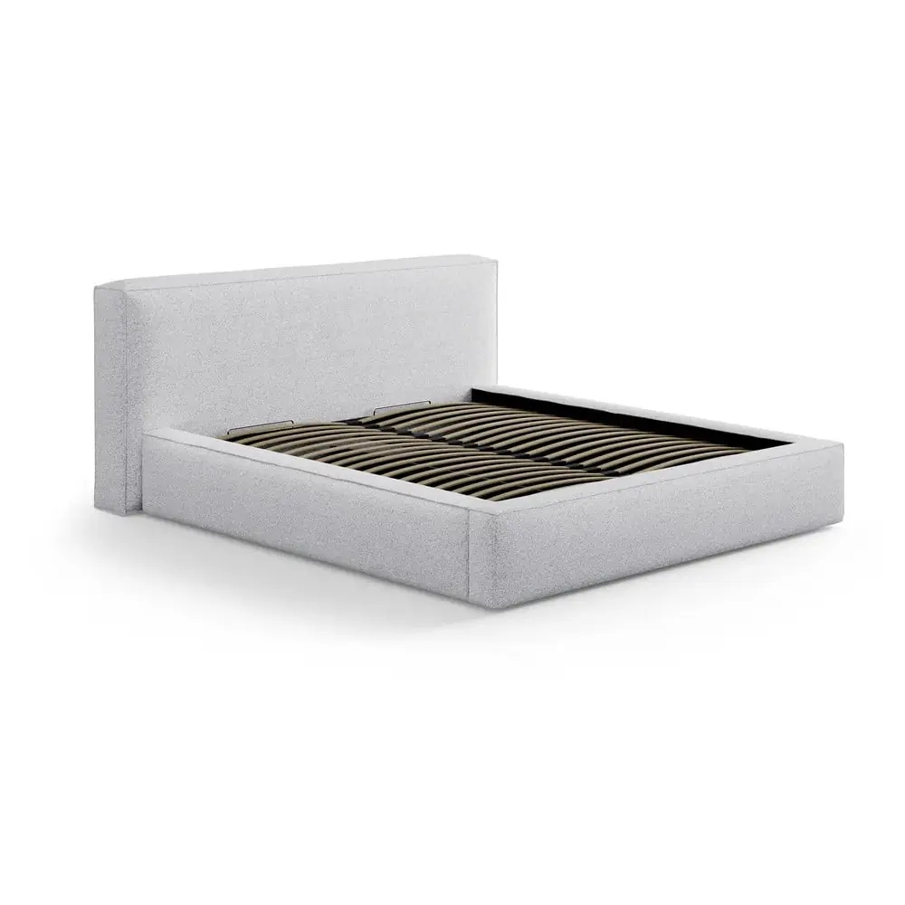 Pat matrimonial gri deschis tapițat cu spațiu de depozitare cu somieră 180x200 cm Simon Olivia – Micadoni
