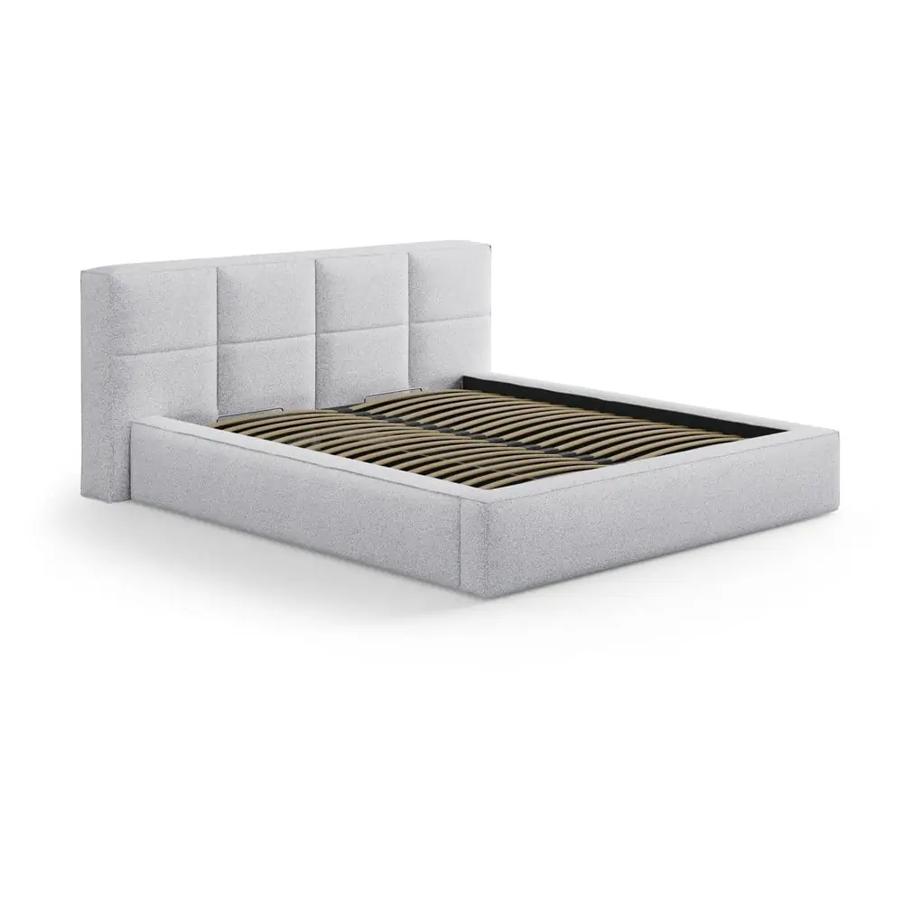 Pat matrimonial gri deschis tapițat cu spațiu de depozitare cu somieră 200x200 cm Simon Darren – Micadoni