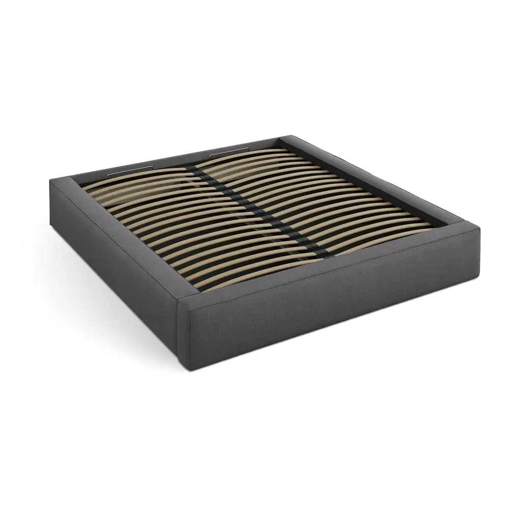 Pat matrimonial gri închis tapițat cu spațiu de depozitare cu somieră 180x200 cm Simon – Micadoni