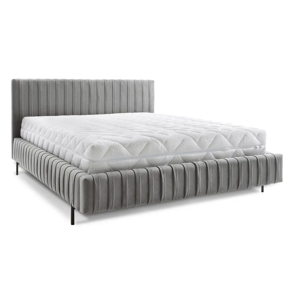 Pat matrimonial gri tapițat cu spațiu de depozitare cu somieră 160x200 cm Plissa – ELTAP