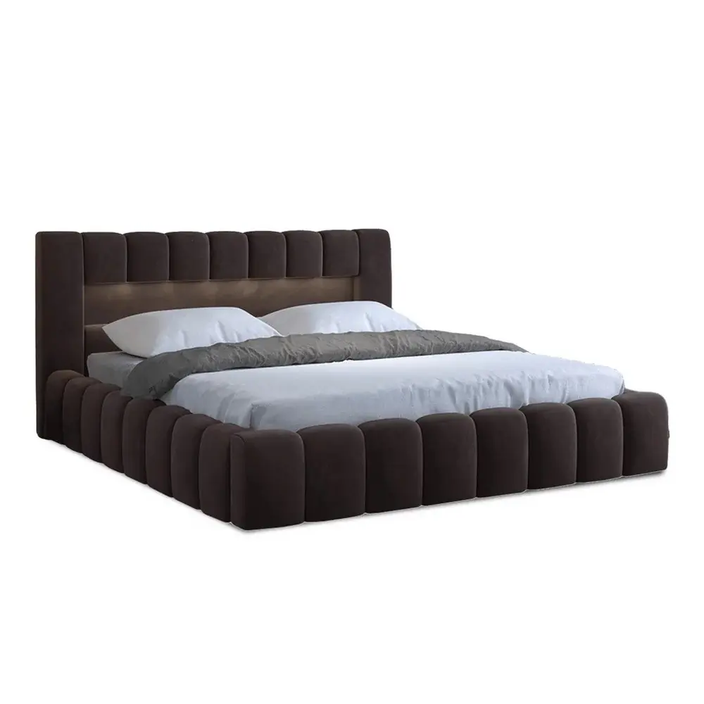 Pat matrimonial maro închis tapițat cu spațiu de depozitare cu somieră 140x200 cm Lamica – ELTAP