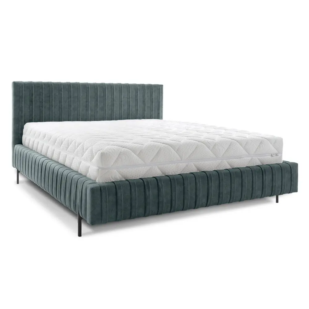 Pat matrimonial petrol tapițat cu spațiu de depozitare cu somieră 180x200 cm Plissa – ELTAP