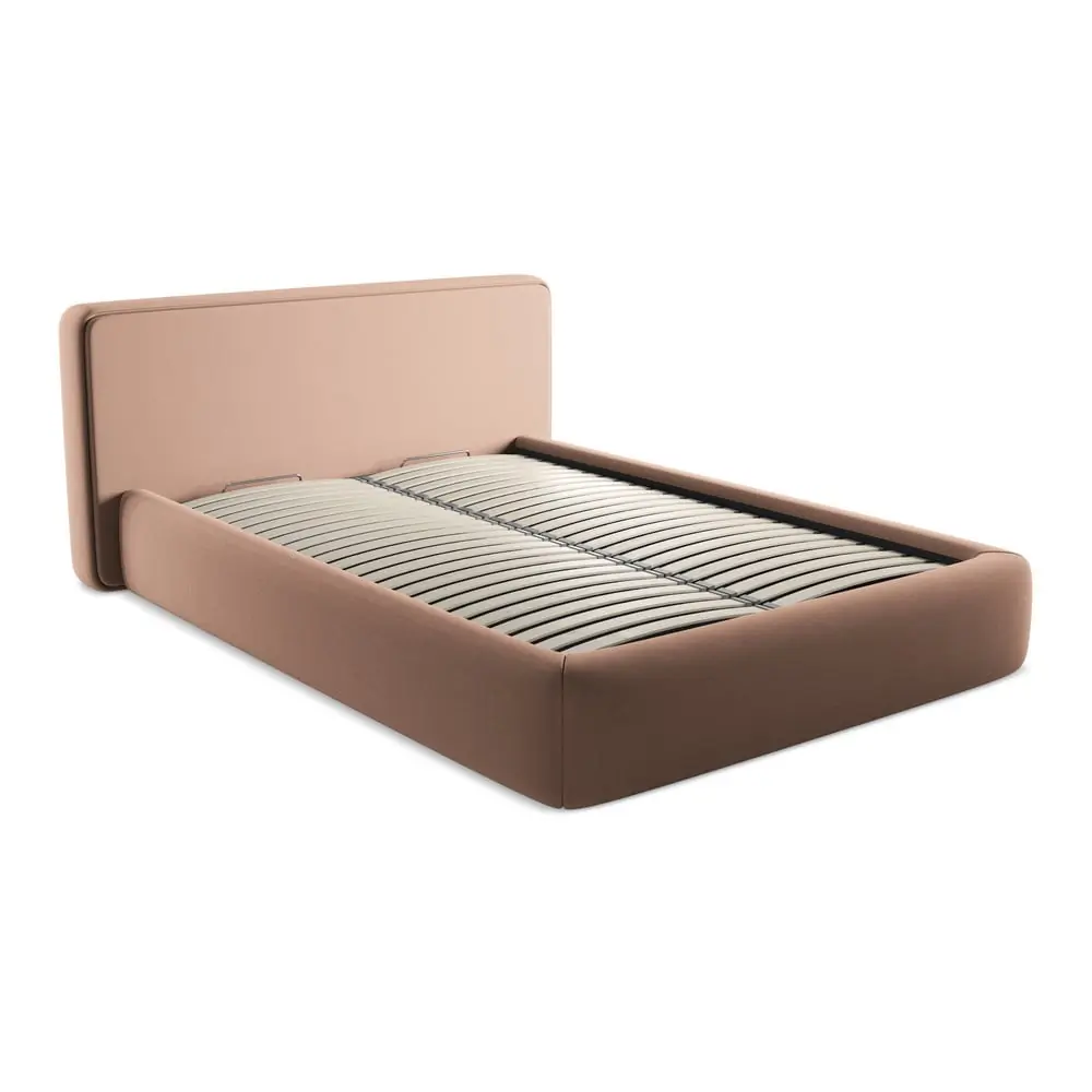 Pat matrimonial roz deschis tapițat cu spațiu de depozitare cu somieră 140x200 cm Kiana – Makamii