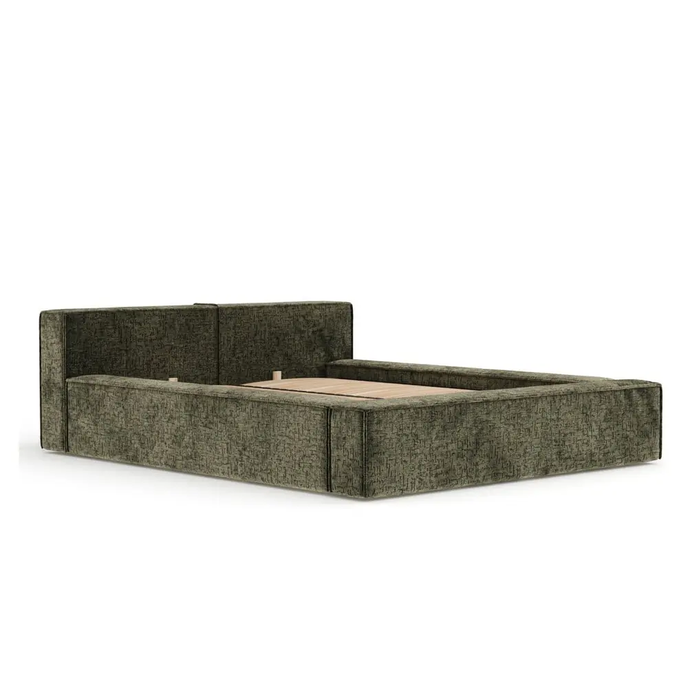 Pat matrimonial verde închis tapițat cu spațiu de depozitare cu somieră 140x200 cm Voliera – Maison de Rêve