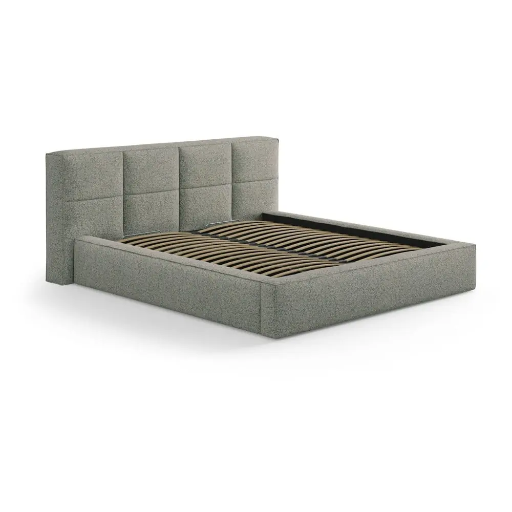 Pat matrimonial verde tapițat cu spațiu de depozitare cu somieră 200x200 cm Simon Darren – Micadoni