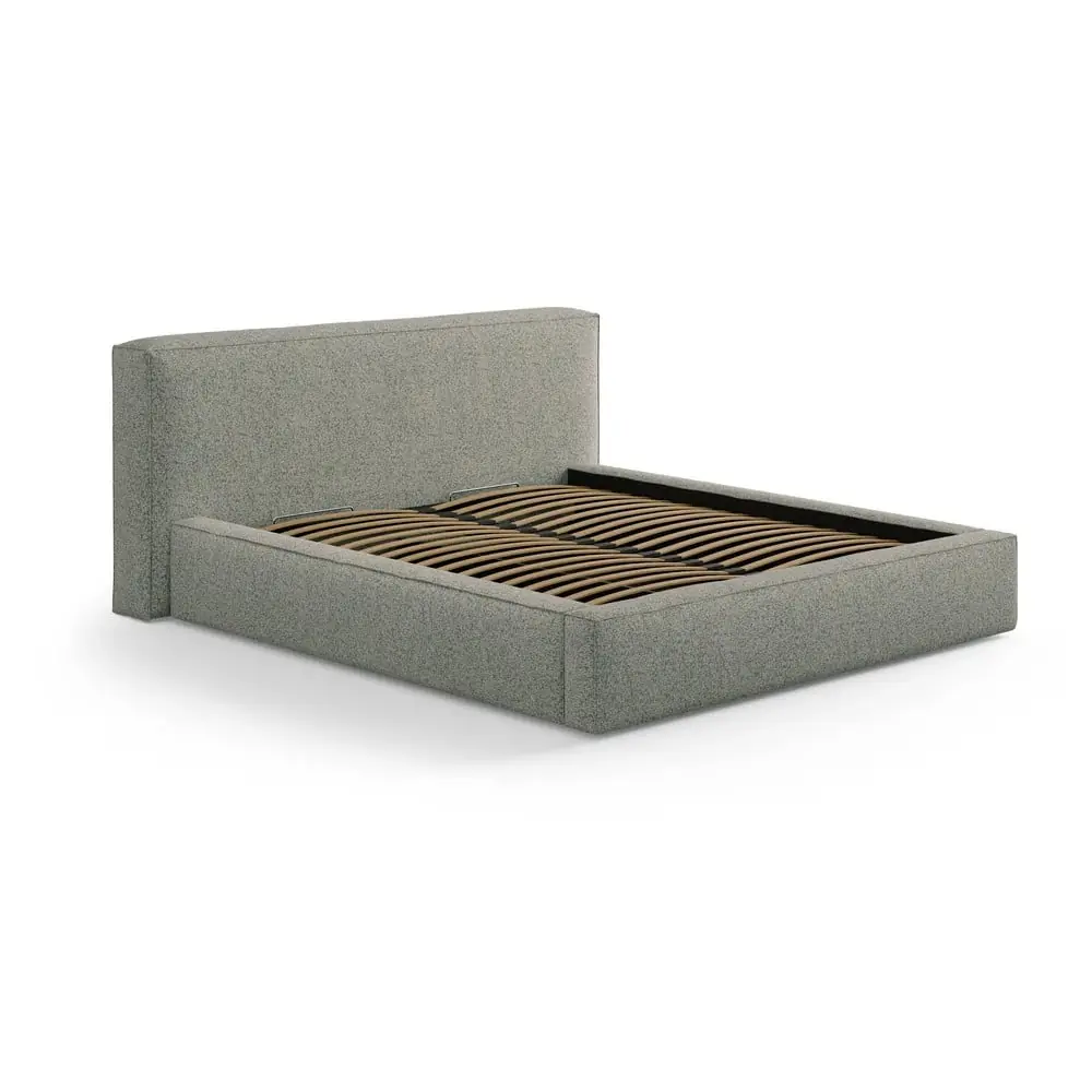 Pat matrimonial verde tapițat cu spațiu de depozitare cu somieră 200x200 cm Simon Olivia – Micadoni