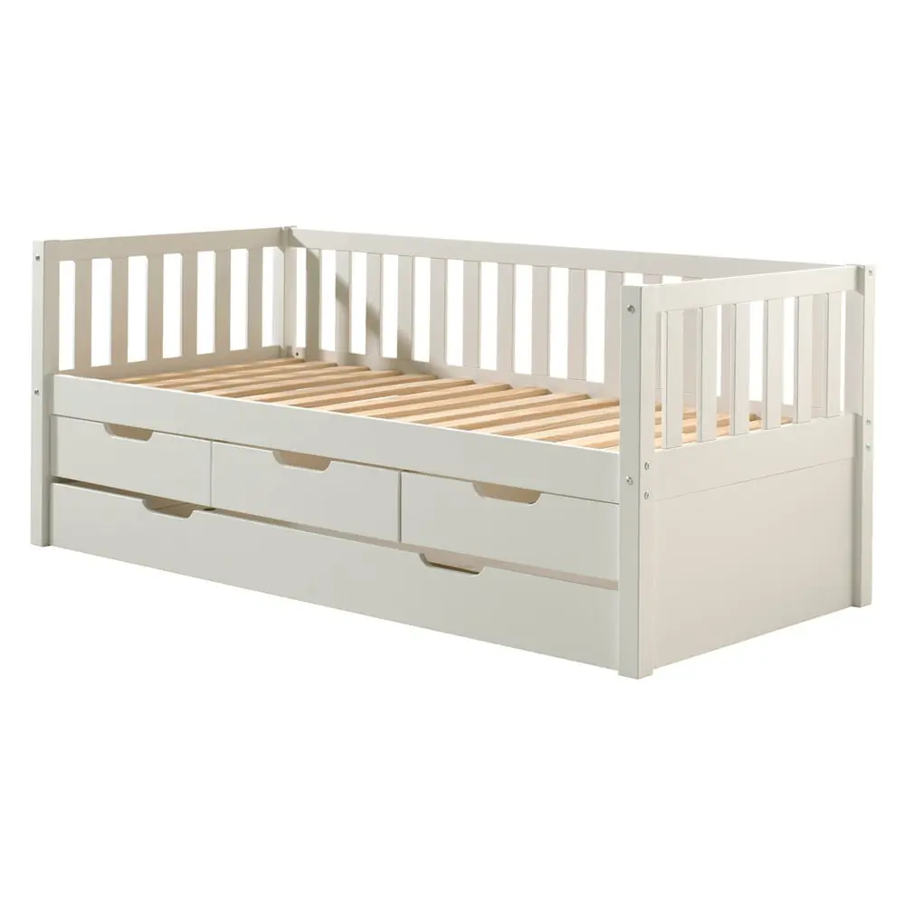 Pat pentru copii alb cu extensie suplimentară din lemn de pin cu spațiu de depozitare cu somieră 90x200 cm Fritz – Vipack