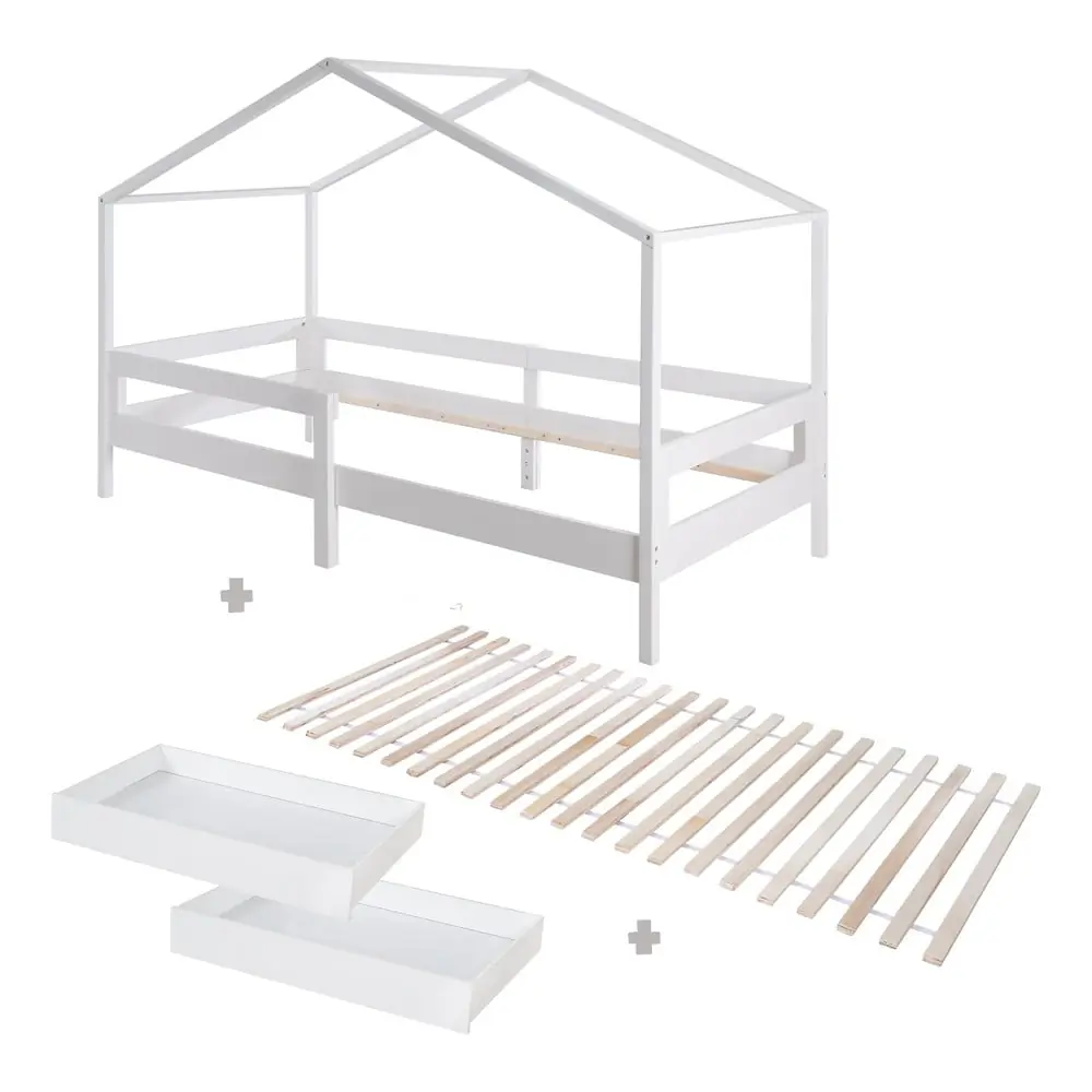 Pat pentru copii alb de tip casă din lemn masiv cu spațiu de depozitare cu somieră 90x200 cm – Roba