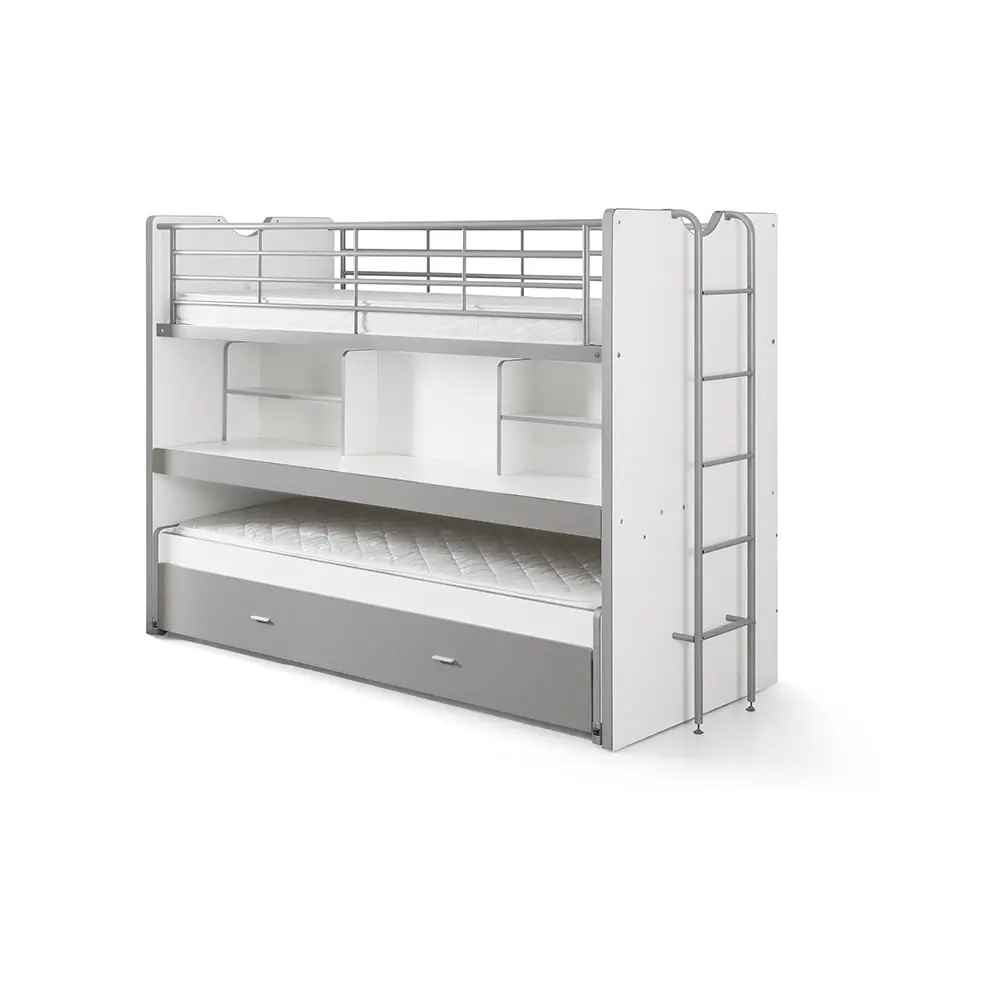 Pat pentru copii alb-gri supraetajat, cu extensie suplimentară cu spațiu de depozitare cu somieră 90x200 cm Bonny – Vipack