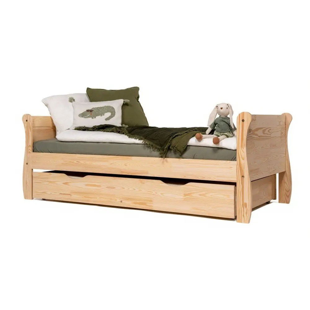 Pat pentru copii în culoare naturală cu extensie suplimentară din lemn de pin cu spațiu de depozitare cu somieră 90x160 cm Roma – Adeko