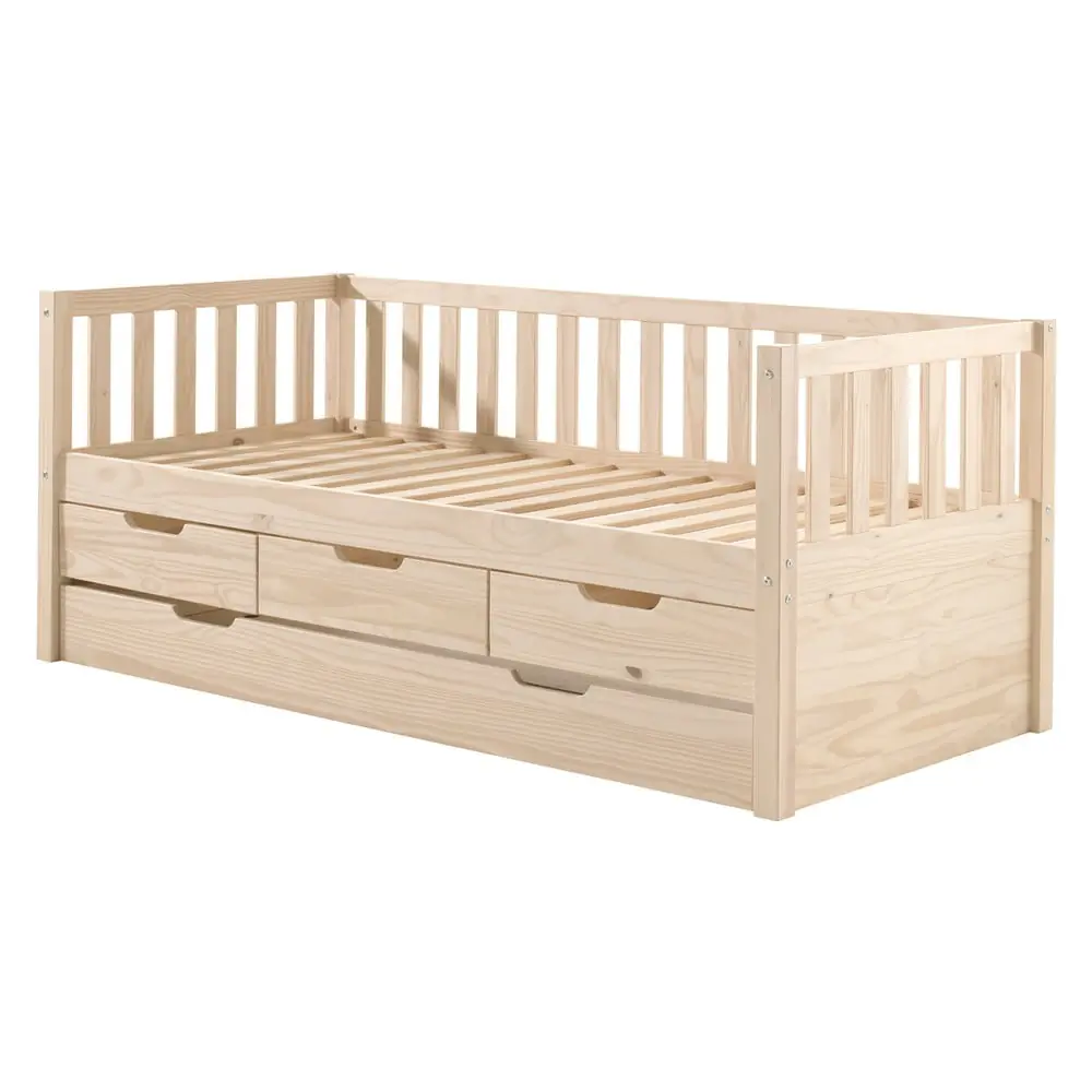 Pat pentru copii în culoare naturală cu extensie suplimentară din lemn de pin cu spațiu de depozitare cu somieră 90x200 cm Fritz – Vipack