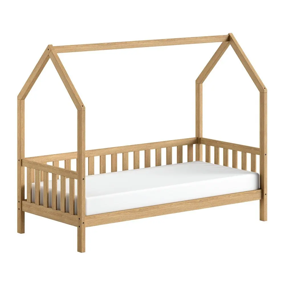 Pat pentru copii în culoare naturală de tip casă, din lemn de stejar cu somieră 90x200 cm Cabane – Vipack