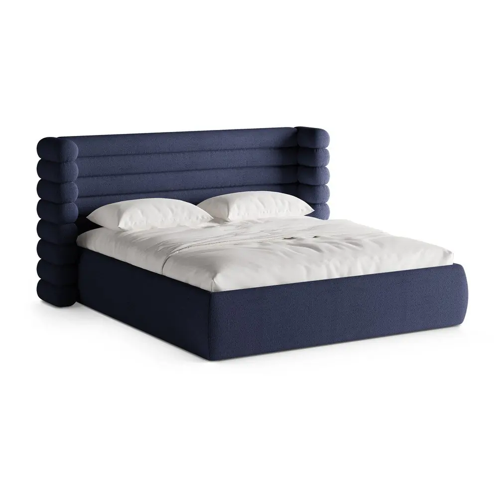 Pat matrimonial albastru tapițat cu spațiu de depozitare cu somieră 180x200 cm Mount – Micadoni