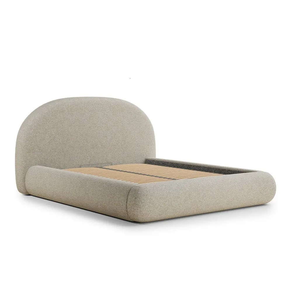 Pat matrimonial bej tapițat cu spațiu de depozitare cu somieră 160x200 cm Maumere – Maison de Rêve