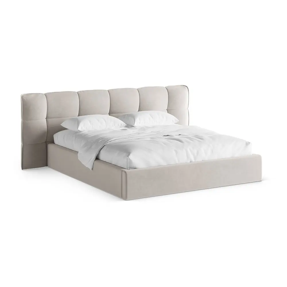 Pat matrimonial bej tapițat cu spațiu de depozitare cu somieră 180x200 cm Eric – Micadoni