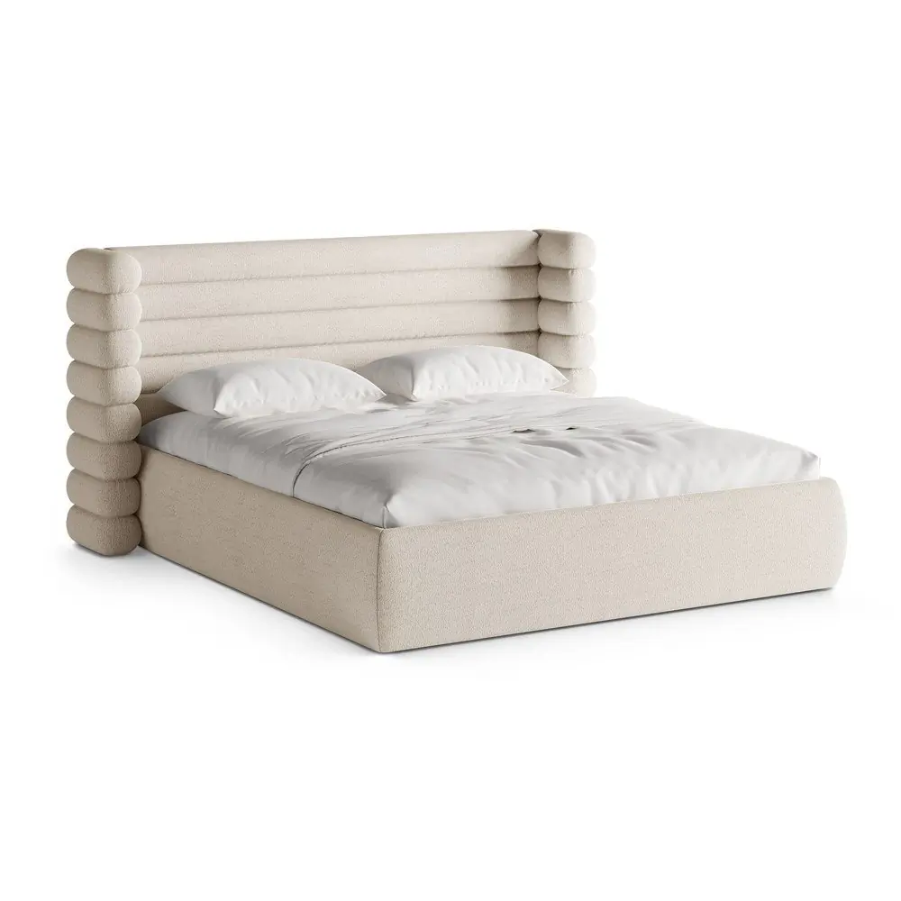 Pat matrimonial bej tapițat cu spațiu de depozitare cu somieră 200x200 cm Mount – Micadoni