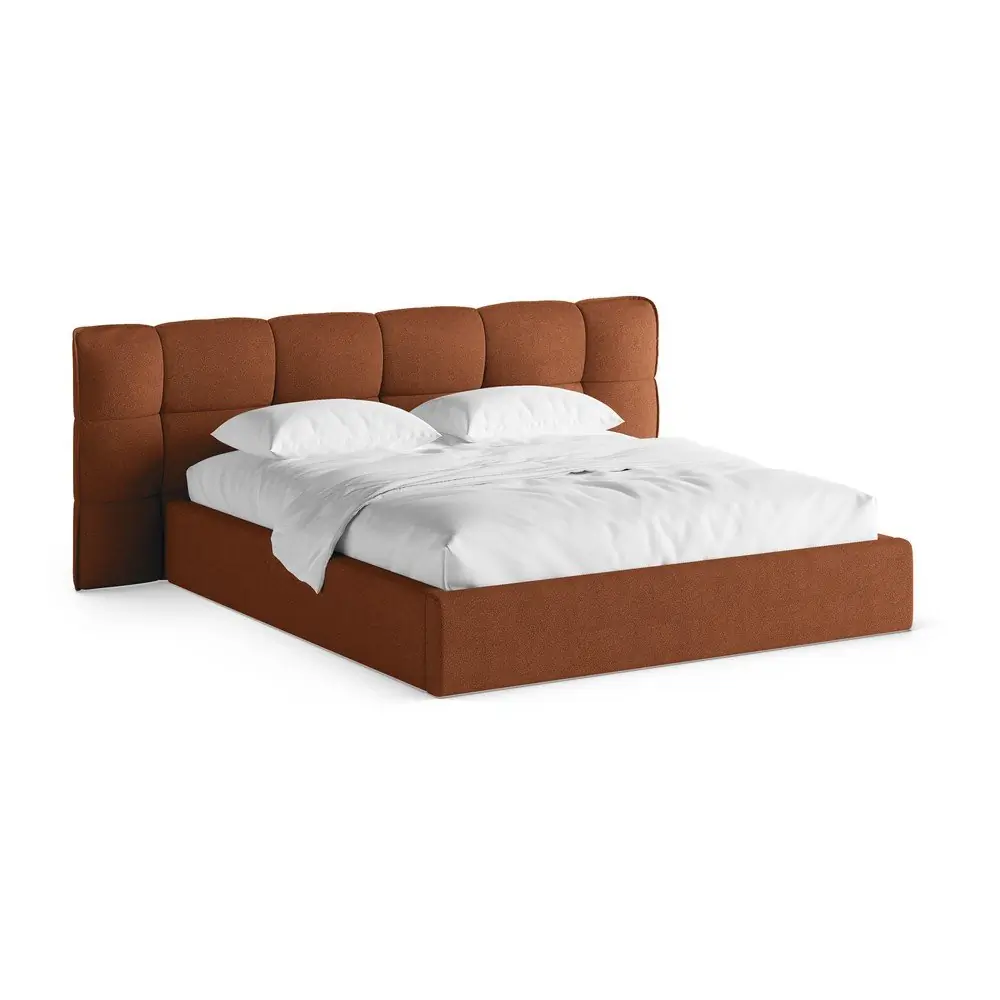Pat matrimonial cărămiziu tapițat cu spațiu de depozitare cu somieră 200x200 cm Eric – Micadoni