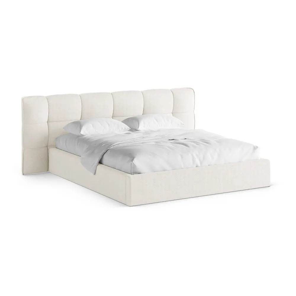 Pat matrimonial fildeș tapițat cu spațiu de depozitare cu somieră 140x200 cm Eric – Micadoni