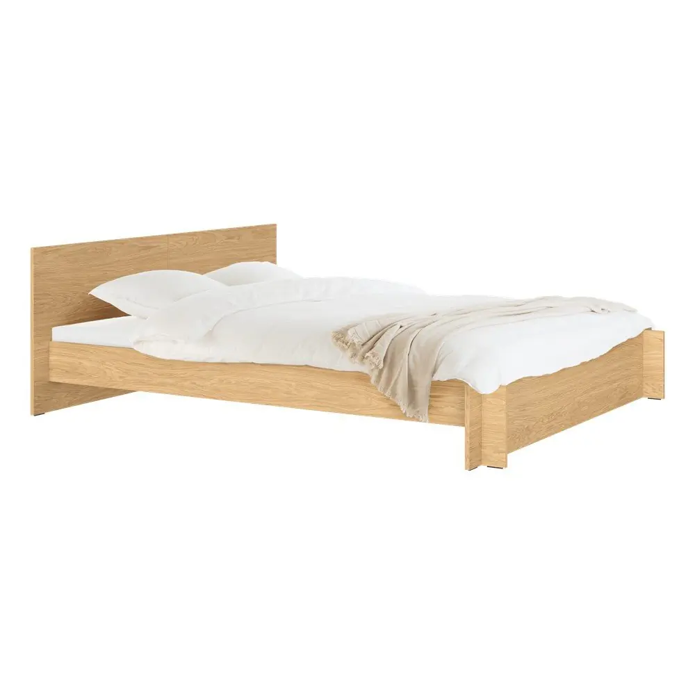 Pat matrimonial în culoare naturală din placă aglomerată de lemn/din placaj cu aspect de lemn de stejar cu somieră 200x200 cm Valt – noo.ma