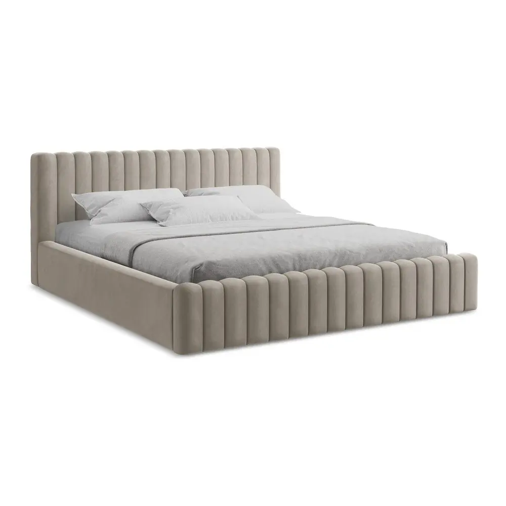 Pat matrimonial taupe tapițat cu spațiu de depozitare cu somieră 180x200 cm Lemi – Makamii