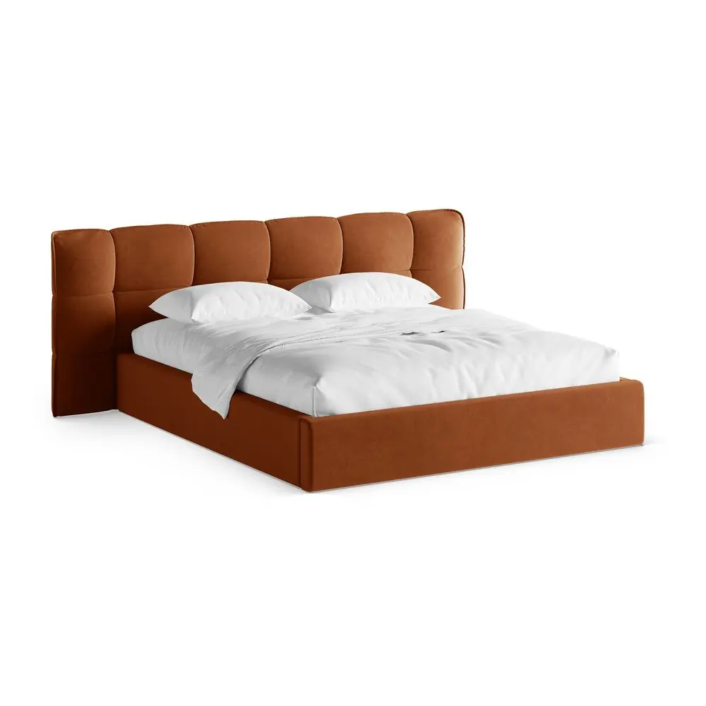 Pat matrimonial teracotă tapițat cu spațiu de depozitare cu somieră 140x200 cm Eric – Micadoni