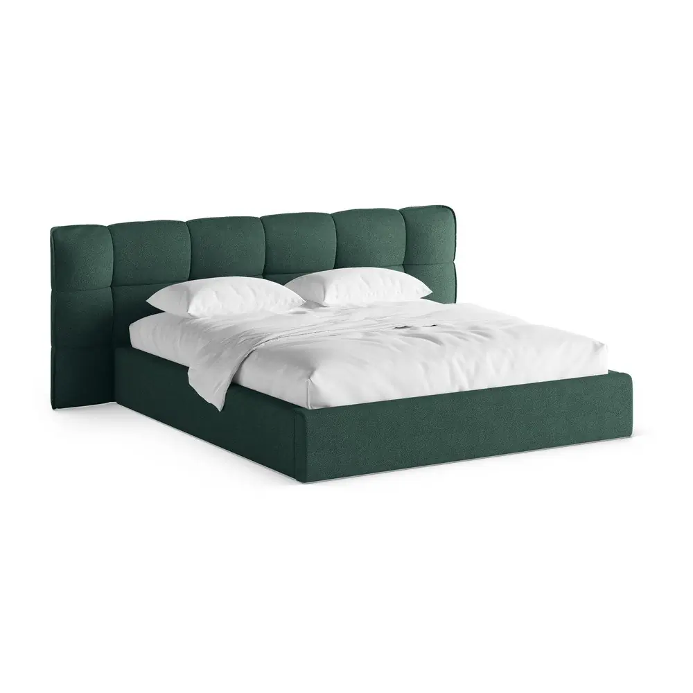 Pat matrimonial verde închis tapițat cu spațiu de depozitare cu somieră 140x200 cm Eric – Micadoni